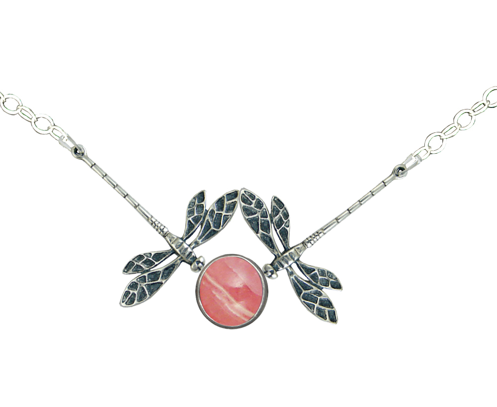 Sterling Silver Double Dragonfly Necklace With Rhodocrosite